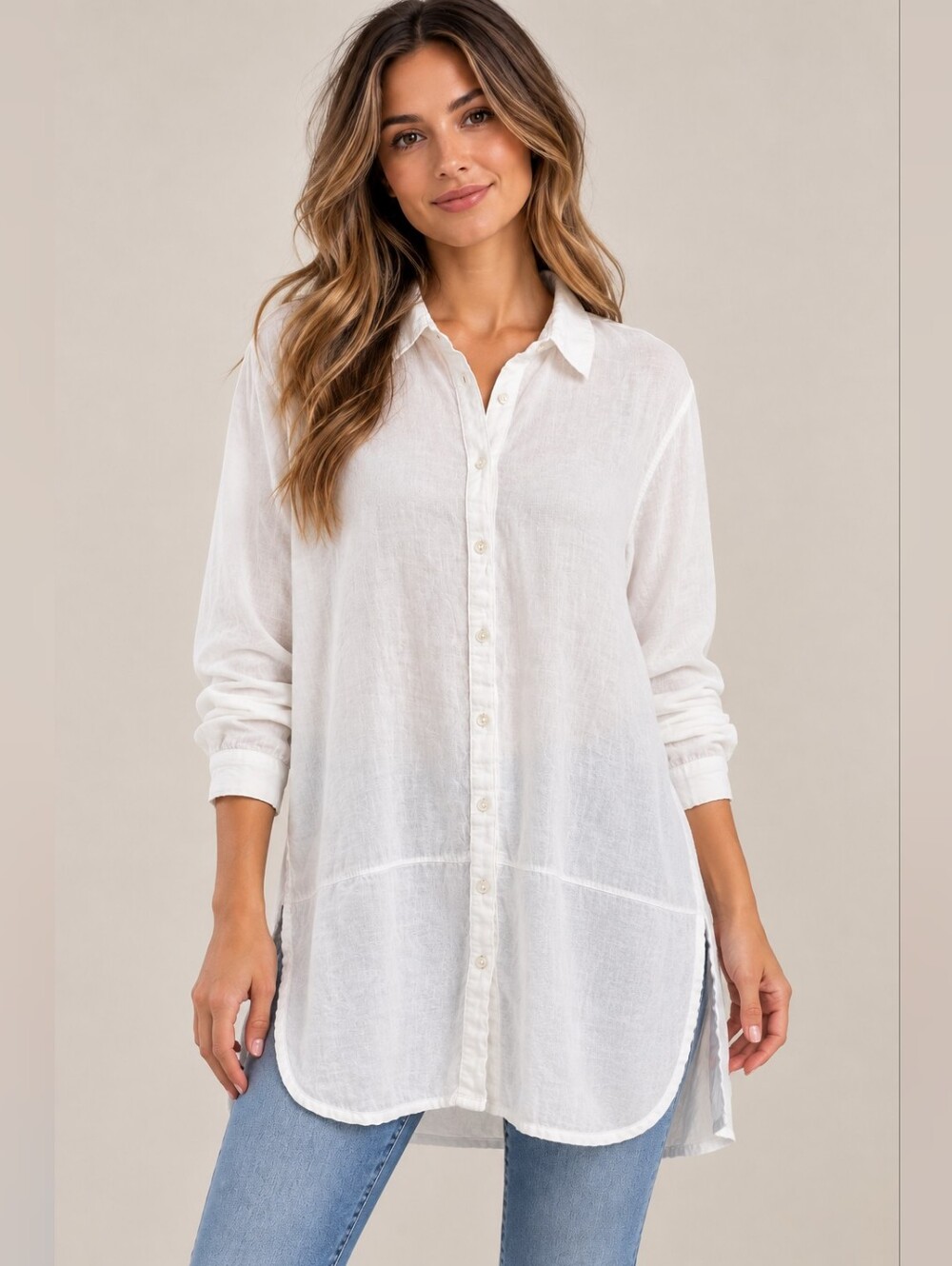 Tahari 100% Linen White Button-Down Shirt